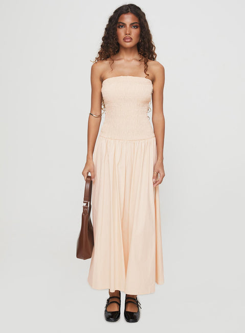 front view of model wearing Princess Polly Atara Maxi Dress Cream Straight Neck 