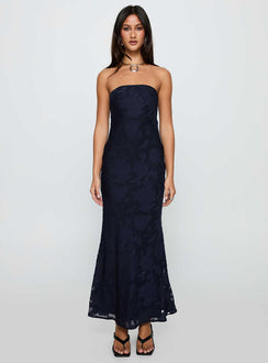 front view of model wearing Princess Polly Haley Maxi Dress Navy Straight Neck 