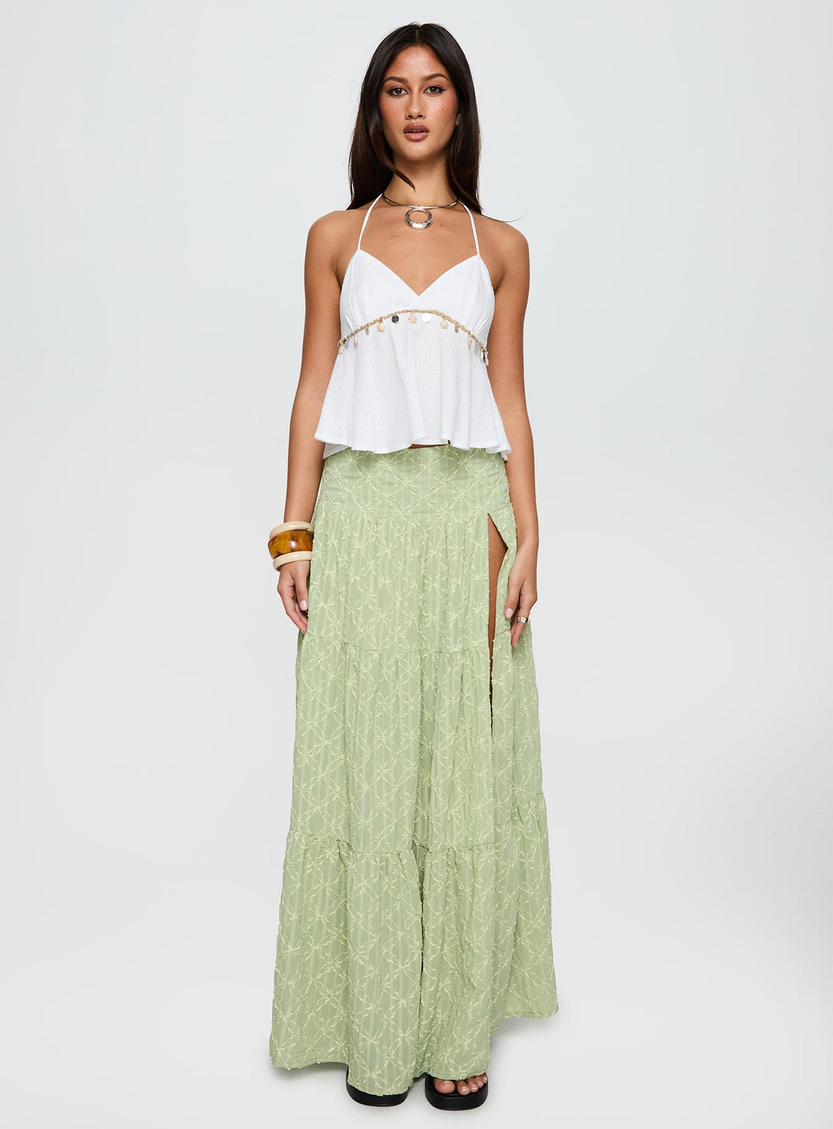 back view of model wearing Princess Polly Silver Soul Embroidered Maxi Skirt Sage Maxi 