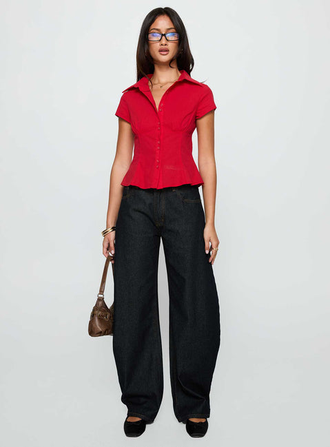 side view of model wearing Princess Polly Cottesloe Blouse Top Red Short Sleeves V-Neck 