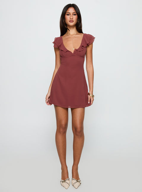 front view of model wearing Princess Polly I Guess So Mini Dress Currant Plunger 