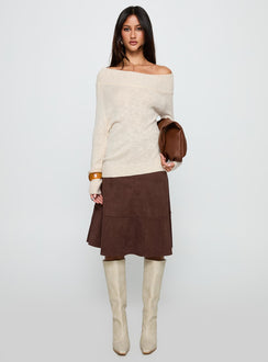 Showcasing the Alyxandra Off Shoulder Knit Sweater in Beige, a long womens jumper with oversized fit and boat neckline, front view of model wearing Princess Polly