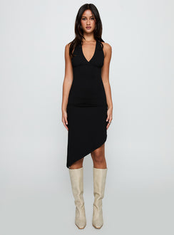 back view of model wearing Princess Polly Whimsy Asymmetrical Midi Dress Black V-Neck 