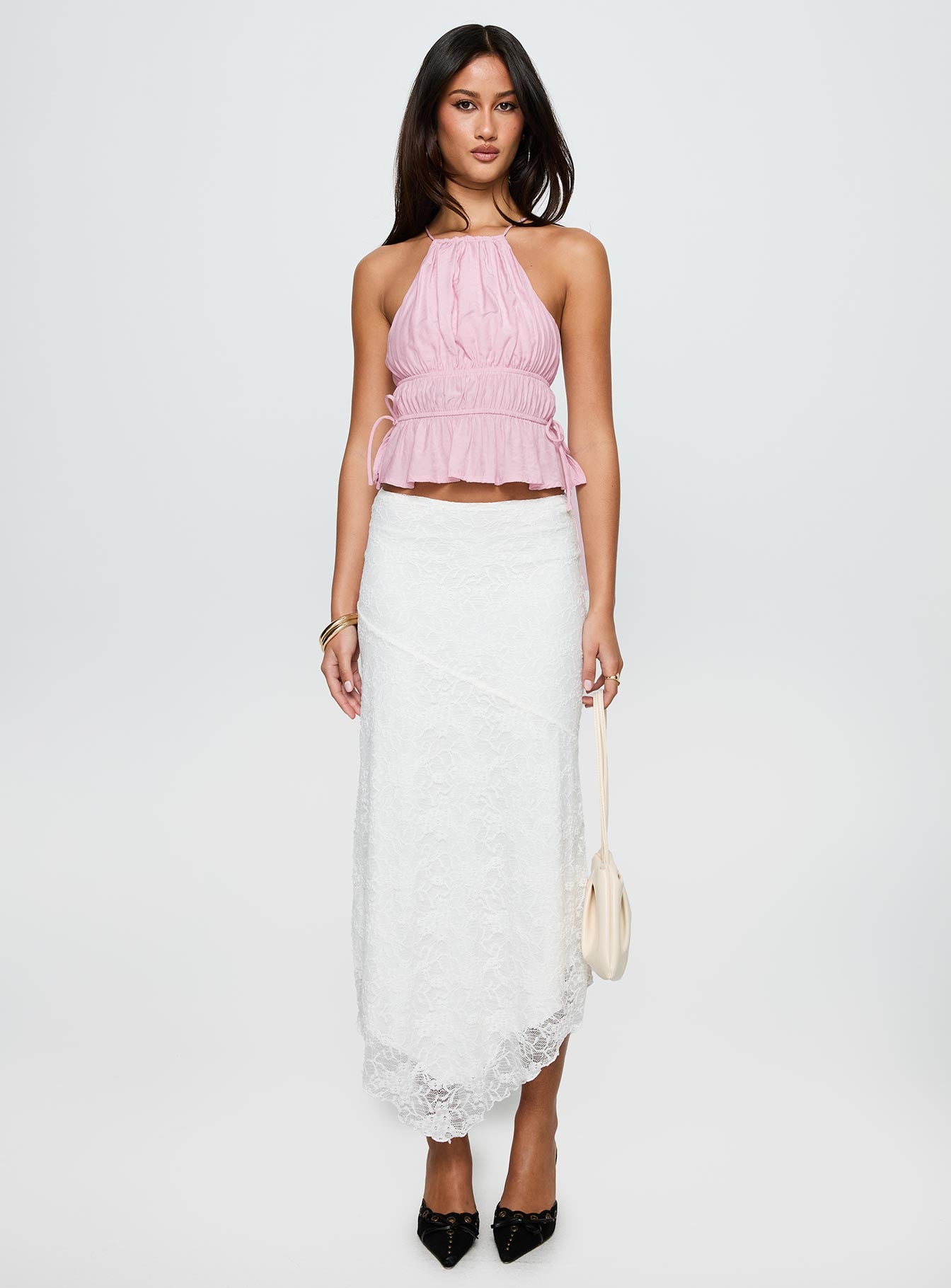   side view of model wearing Princess Polly Freebirds Lace Midi Skirt White Midi Skirts Skirts 