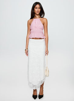   side view of model wearing Princess Polly Freebirds Lace Midi Skirt White Midi Skirts Skirts 