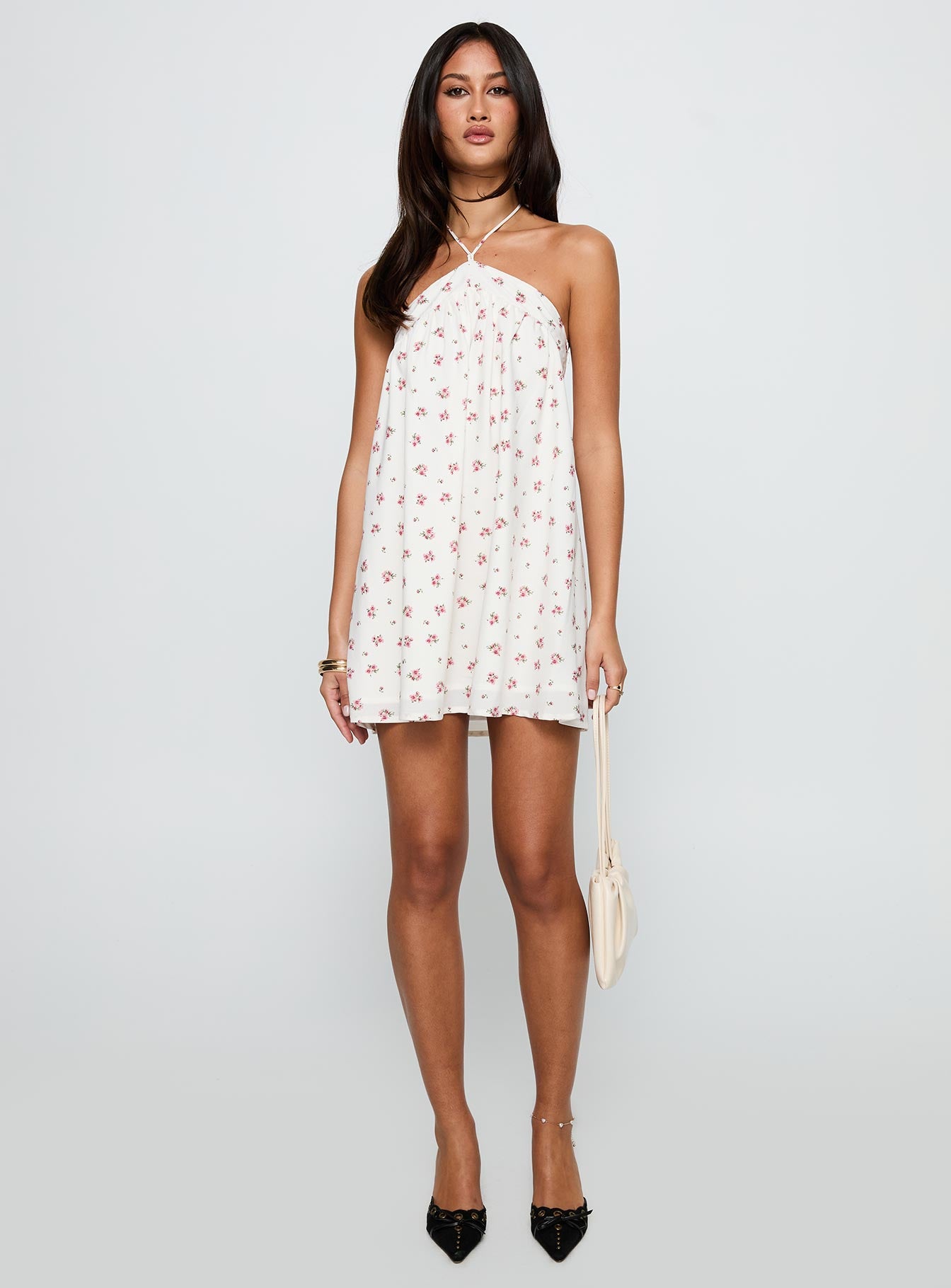 front view of model wearing Princess Polly Moonlit Mini Dress White Floral Asymmetric Neckline 