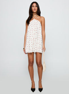 front view of model wearing Princess Polly Moonlit Mini Dress White Floral Asymmetric Neckline 