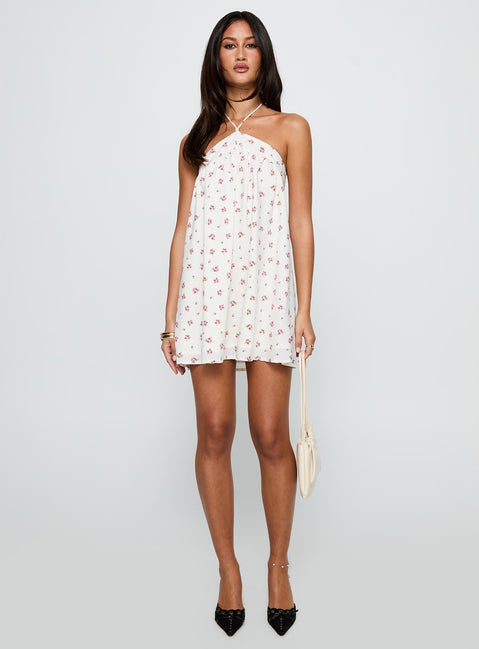 front view of model wearing Princess Polly Moonlit Mini Dress White Floral Asymmetric Neckline 