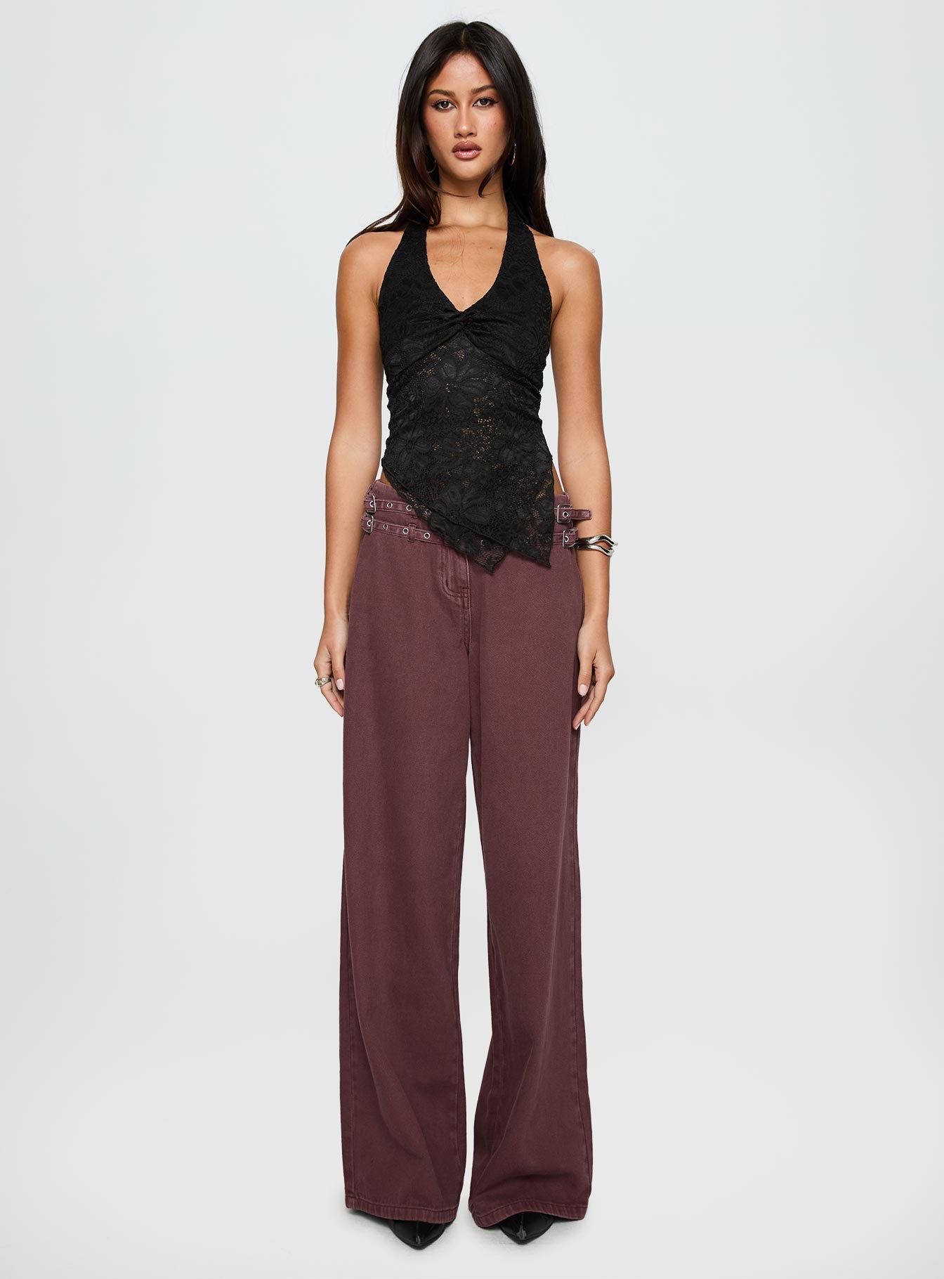 back view of model wearing Princess Polly Alviera Lace Halter Top Black Sleeveless V-Neck 