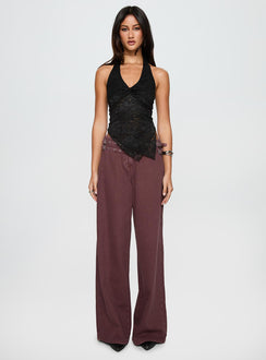 back view of model wearing Princess Polly Alviera Lace Halter Top Black Sleeveless V-Neck 