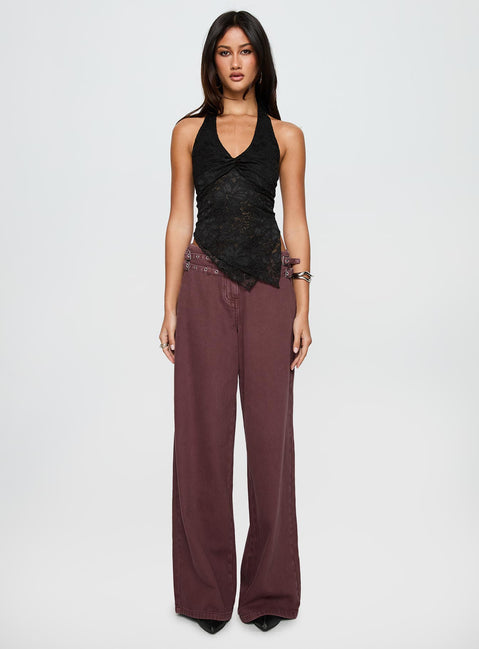 back view of model wearing Princess Polly Alviera Lace Halter Top Black Sleeveless V-Neck 