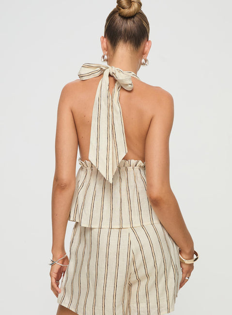 Striped linen set Halter neck top, tie fastening, elasticated band under bust, v-neckline