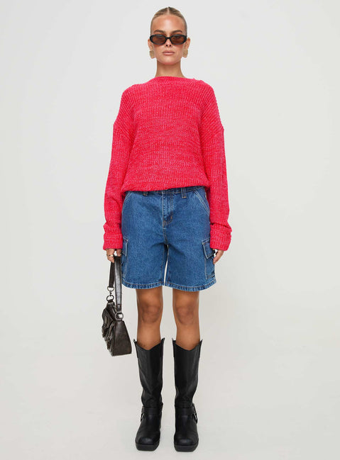 front view of model wearing Princess Polly Bae Sweater Pink/ Red 