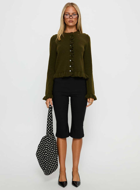 back view of model wearing Princess Polly Inclination Frill Cardigan Moss Cropped 