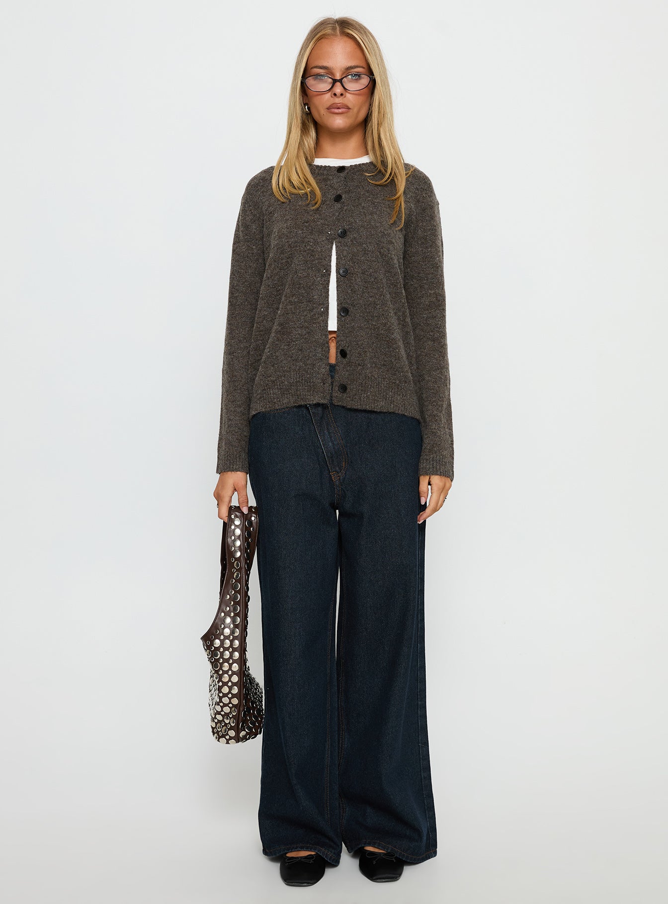 Styled with the Better Than Fiction Cardigan Mocha womens-jumpers in short oversized fit on-body view of model wearing Princess Polly