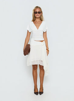   side view of model wearing Princess Polly Ophella Tie Waist Chiffon Midi Skirt Cream 