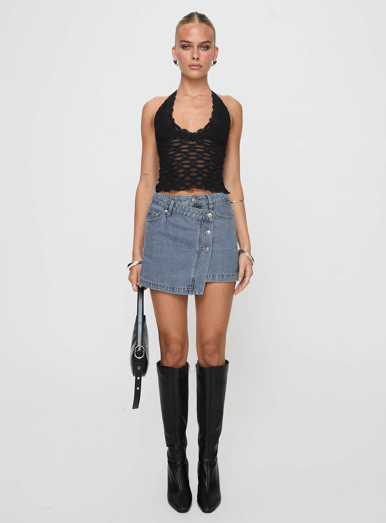   front view of model wearing Princess Polly Denis Mini Denim Skirt Light Blue Mini Skirts Skirts 