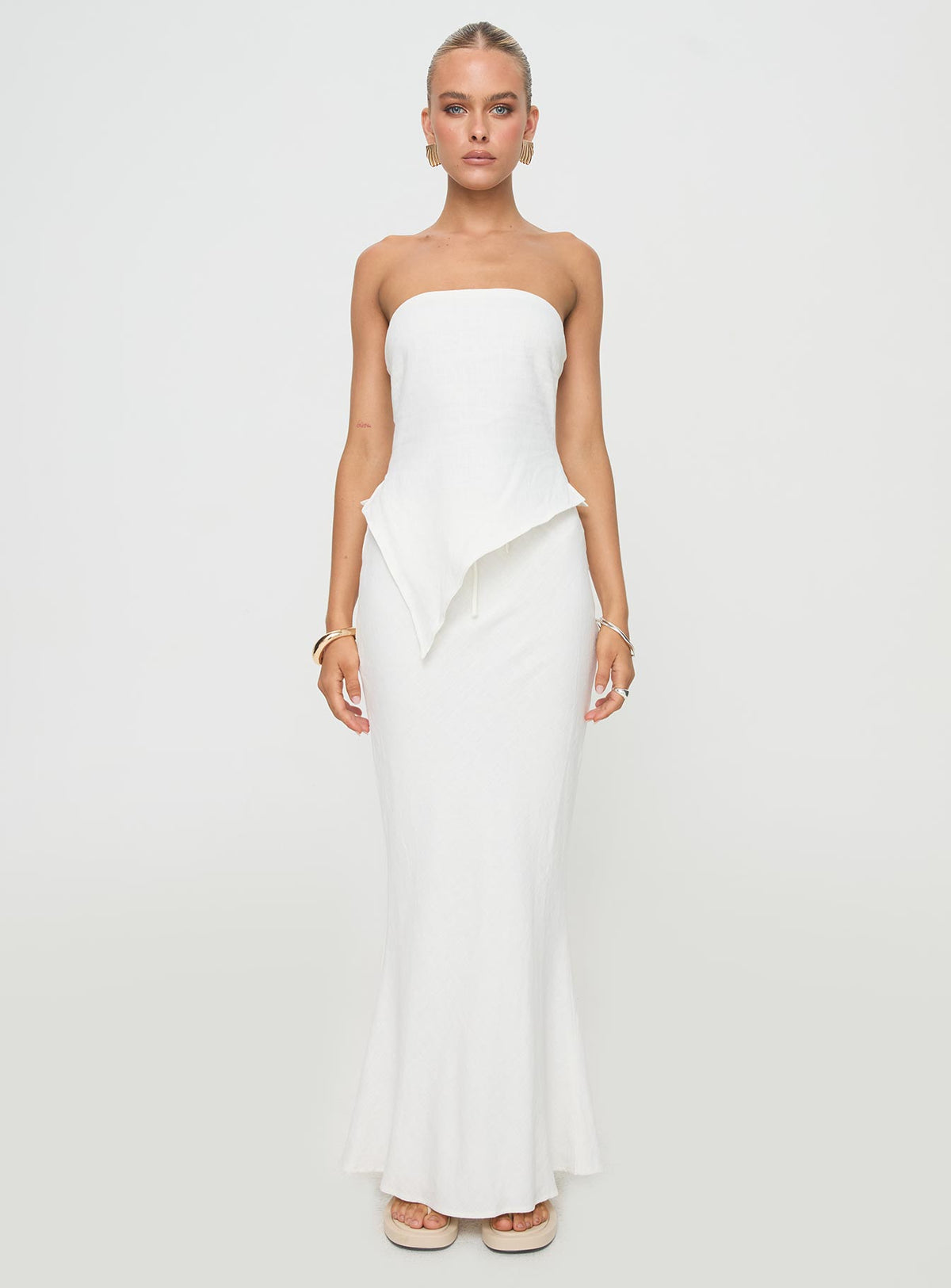   front view of model wearing Princess Polly Mercer Linen Blend Maxi Skirt White Maxi 