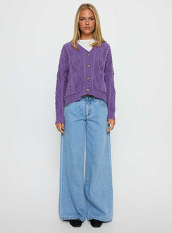 back view of model wearing Princess Polly Dillian Cable Knit Cardigan Purple Cropped 