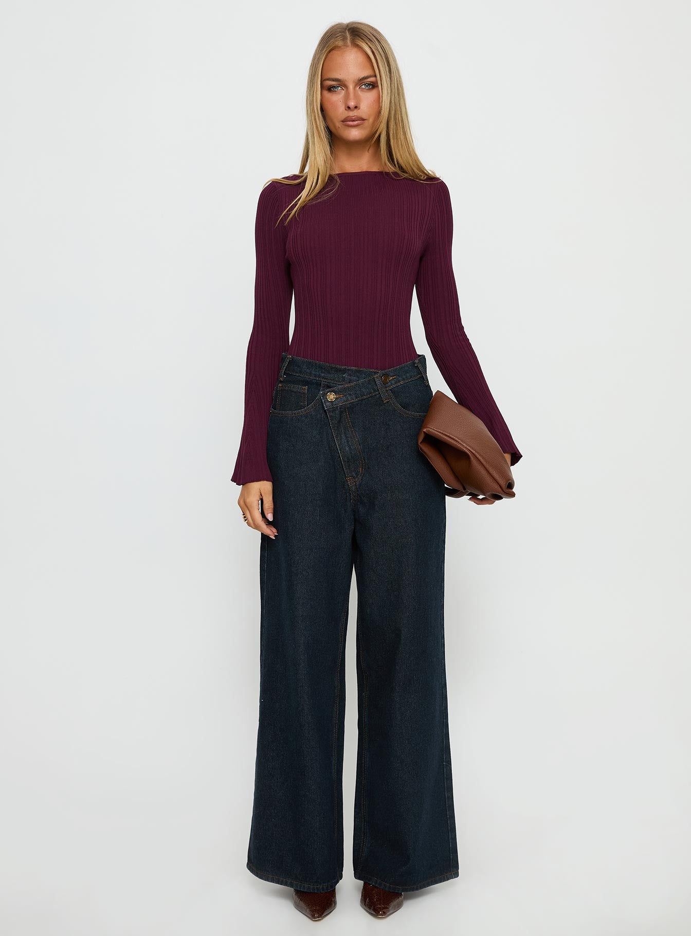 side view of model wearing Princess Polly Mayok Long Sleeve Bodysuit Plum Long Sleeve Tops 