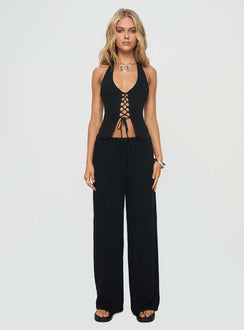 front view of model wearing Princess Polly Clouded Linen Blend Vest Top Black Sleeveless Plunger 