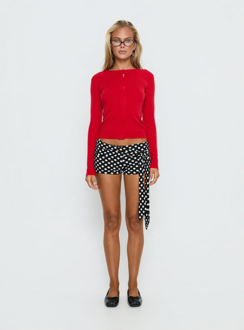 front view of model wearing Princess Polly Lauraine Cardigan Red cropped 