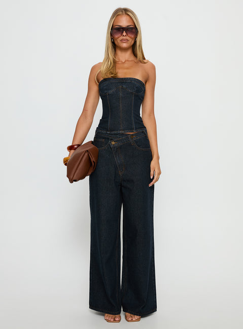 front view of model wearing Princess Polly Blue Crush Low Rise Wide Leg Jeans Indigo Mid Rise Jeans 