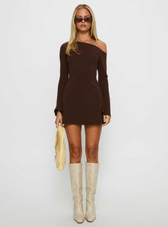 Adrietta Long Sleeve Off Shoulder Mini Dress Brown Petite