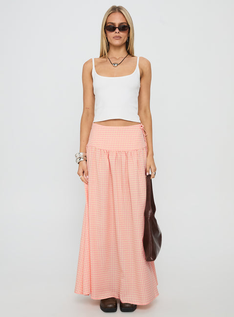 back view of model wearing Princess Polly Analeah Tie Side Midi Skirt Orange Check Maxi 