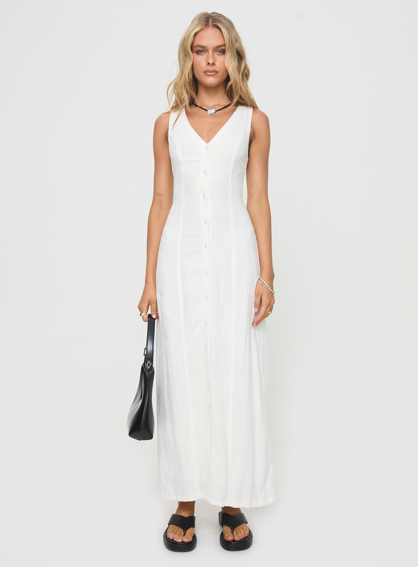 side view of model wearing Princess Polly Summer Season Linen Blend Maxi Dress White Petite V-Neck 