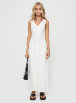 side view of model wearing Princess Polly Summer Season Linen Blend Maxi Dress White Petite V-Neck 