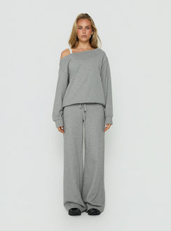 Showcasing the Wellness Off The Shoulder Jumper Dark Grey Marle in womens-jumpers with long length and oversized fit front view of model wearing Princess Polly
