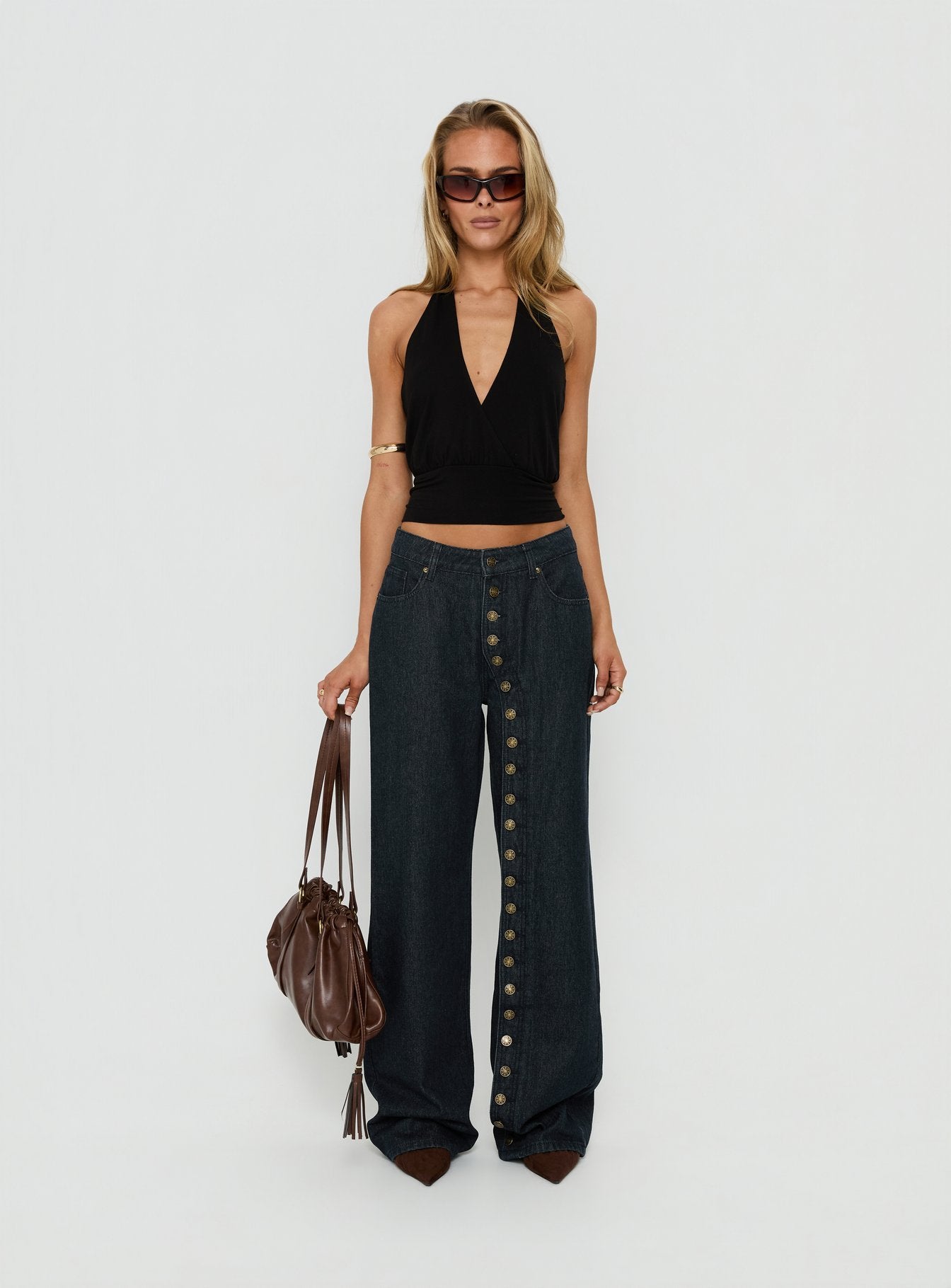 Introducing Penny Mid Rise Straight Leg Jeans Raw Denim in womens-jeans front view of model wearing Princess Polly