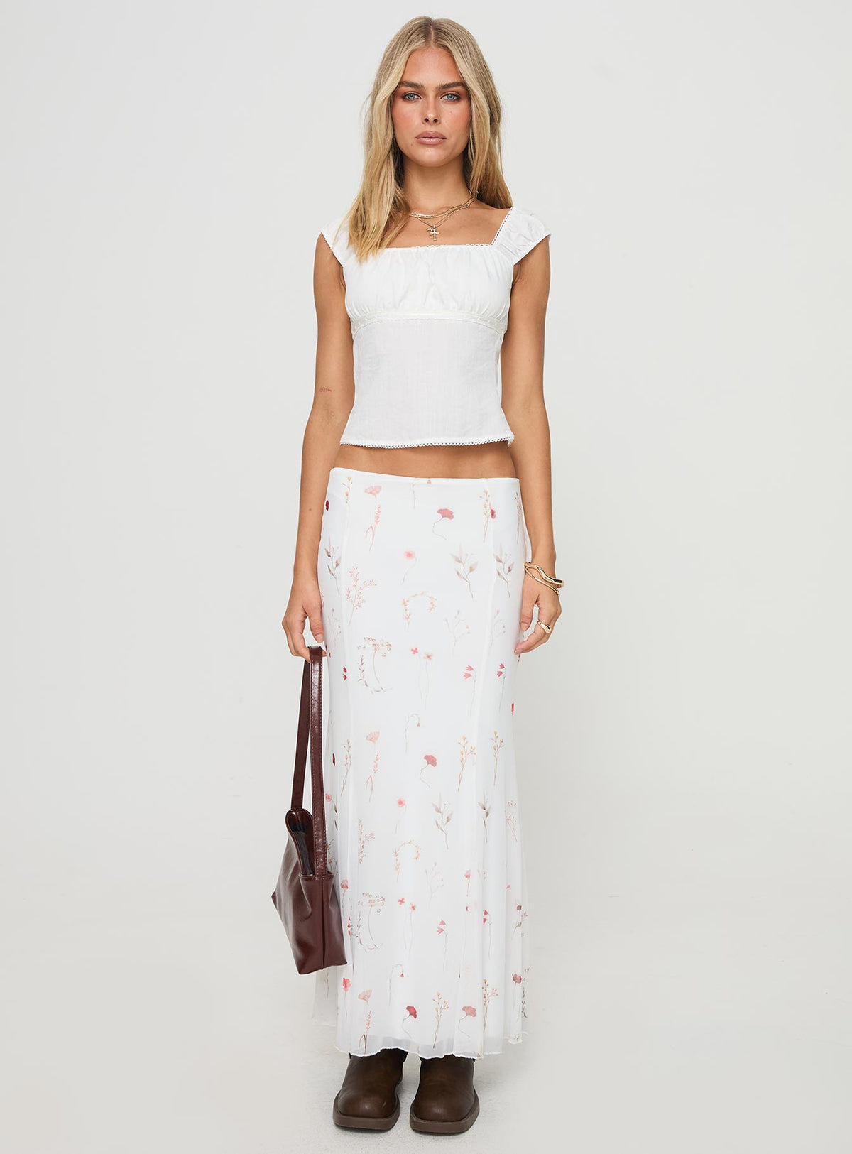 front view of model wearing Princess Polly Thaliah Top White Sleeveless Square Neck 