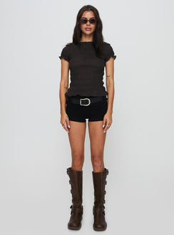 front view of model wearing Princess Polly Romelle Shirred Top Black / Brown Plaid Short Sleeves High Neck 