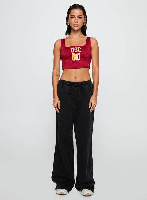 front view of model wearing Princess Polly USC Jersey Corset Top Cardinal Sleeveless Square Neck 