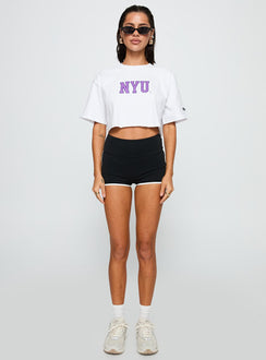 side view of model wearing Princess Polly Nyu Track Tee White Half Sleeves Crew Neck 