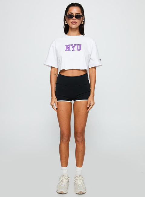 side view of model wearing Princess Polly Nyu Track Tee White Half Sleeves Crew Neck 
