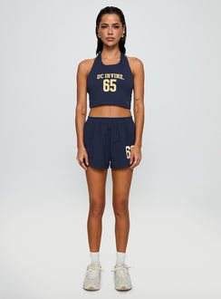 front view of model wearing Princess Polly UC Irvine Tailgate Halter Top Blue Sleeveless Scoop Neck 