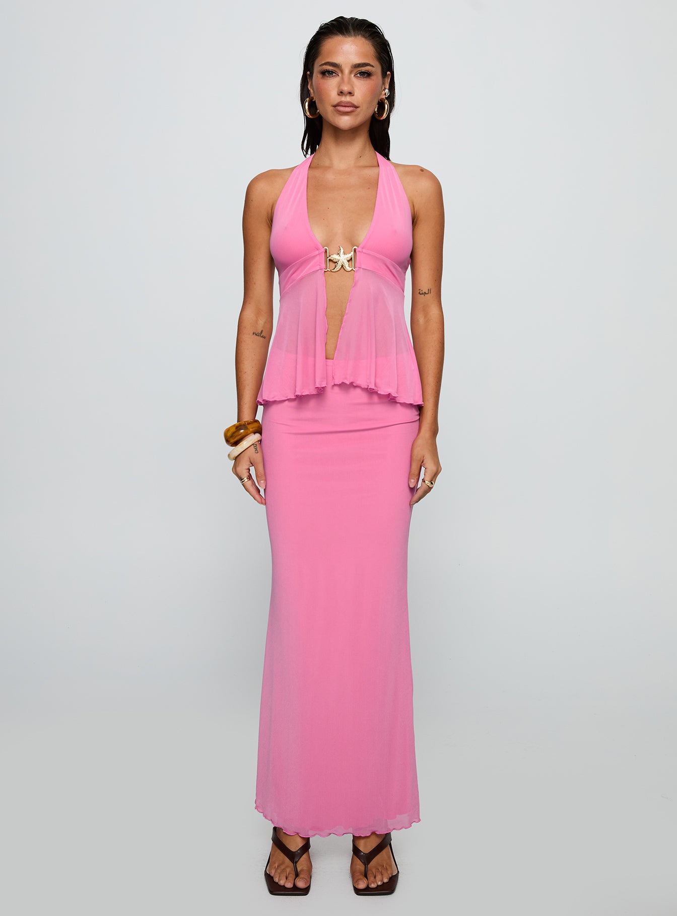   front view of model wearing Princess Polly De Angelo Maxi Skirt Pink Maxi Skirts Skirts 