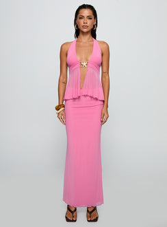   front view of model wearing Princess Polly De Angelo Maxi Skirt Pink Maxi Skirts Skirts 