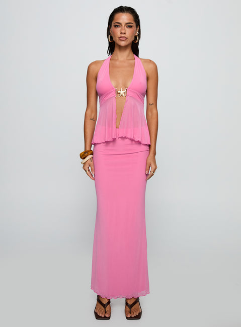  front view of model wearing Princess Polly De Angelo Maxi Skirt Pink Maxi Skirts Skirts 
