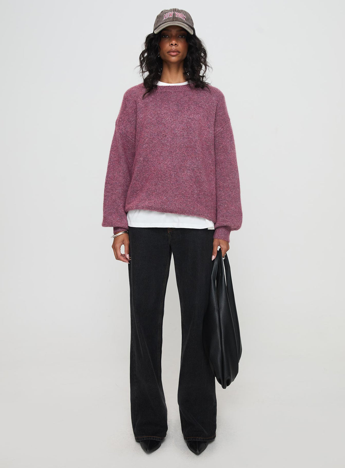 side view of model wearing Princess Polly Ryanna Sweater Burgundy Long 