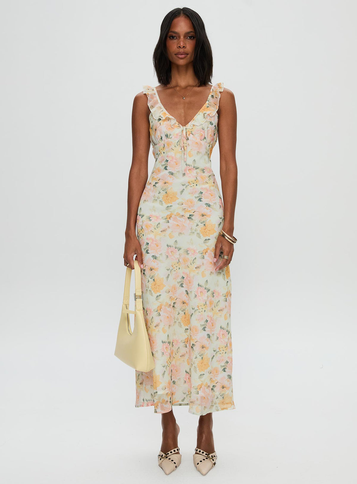 front view of model wearing Princess Polly On A Wave Frill Detail Maxi Dress Multi V-Neck 