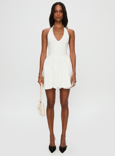 front view of model wearing Princess Polly Karisse Halter Mini Dress White Plunger 