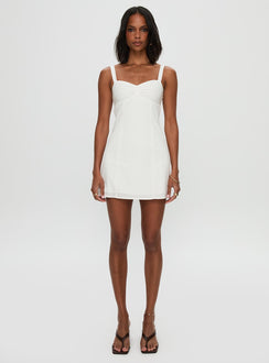 front view of model wearing Princess Polly Summer Isles Mini Dress White Sweetheart Neckline 