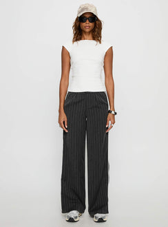 front view of model wearing Princess Polly Knowla Pleated Trouser Pant Grey Pinstripe Mid Rise Pants 