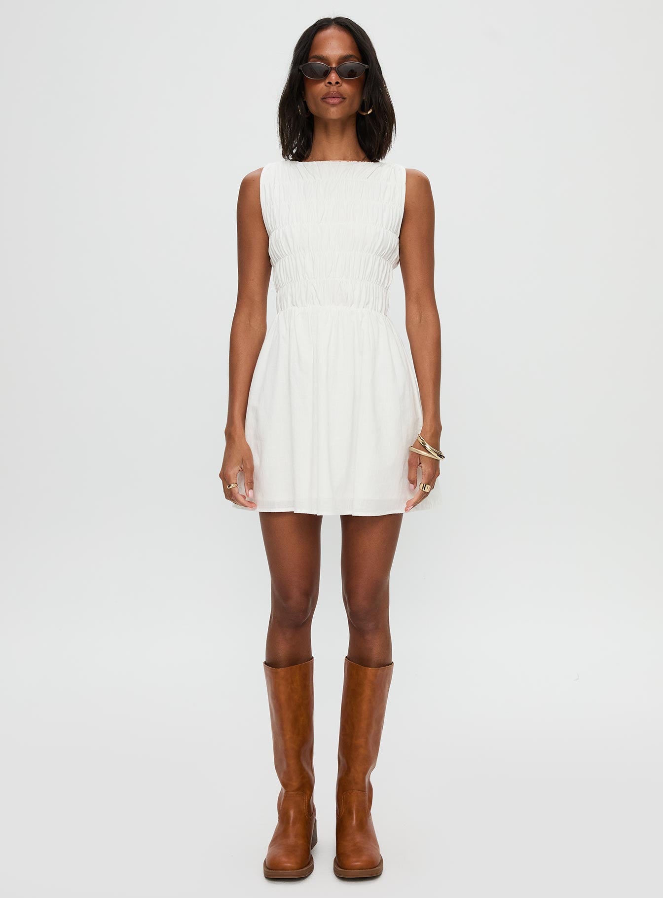 front view of model wearing Princess Polly Melona Shirred Mini Dress White Boat Neck 