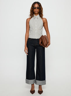 front view of model wearing Princess Polly Squire Mid Rise Straight Leg Folded Hem Jeans Indigo Wash Mid Rise Jeans Jeans 