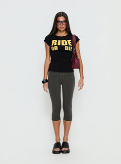 side view of model wearing Princess Polly Enmu Capri Trouser Charcoal Grey Mid Rise Pants 